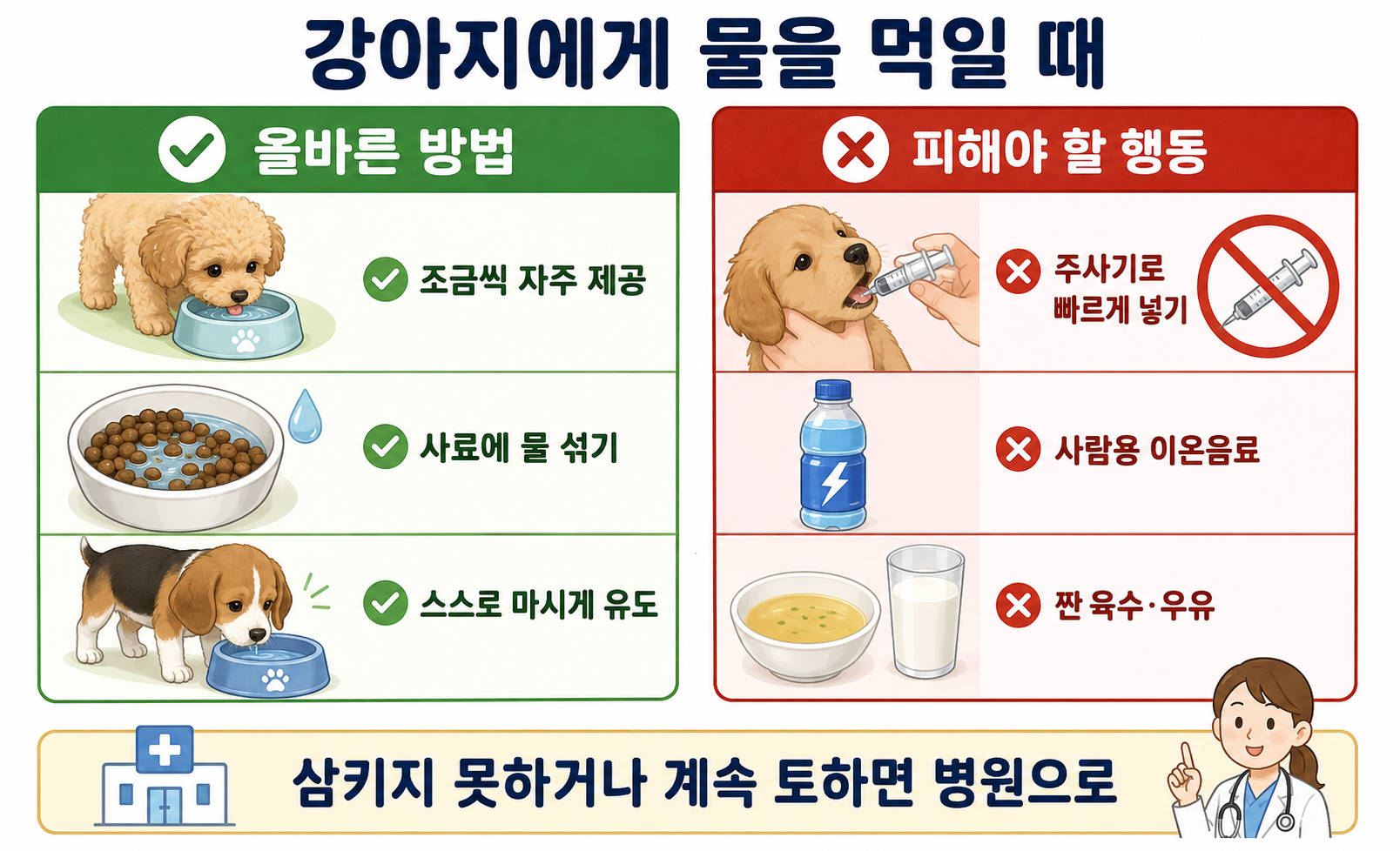 강아지 물 먹이는 올바른 방법과 억지 급수 등 위험한 행동 비교