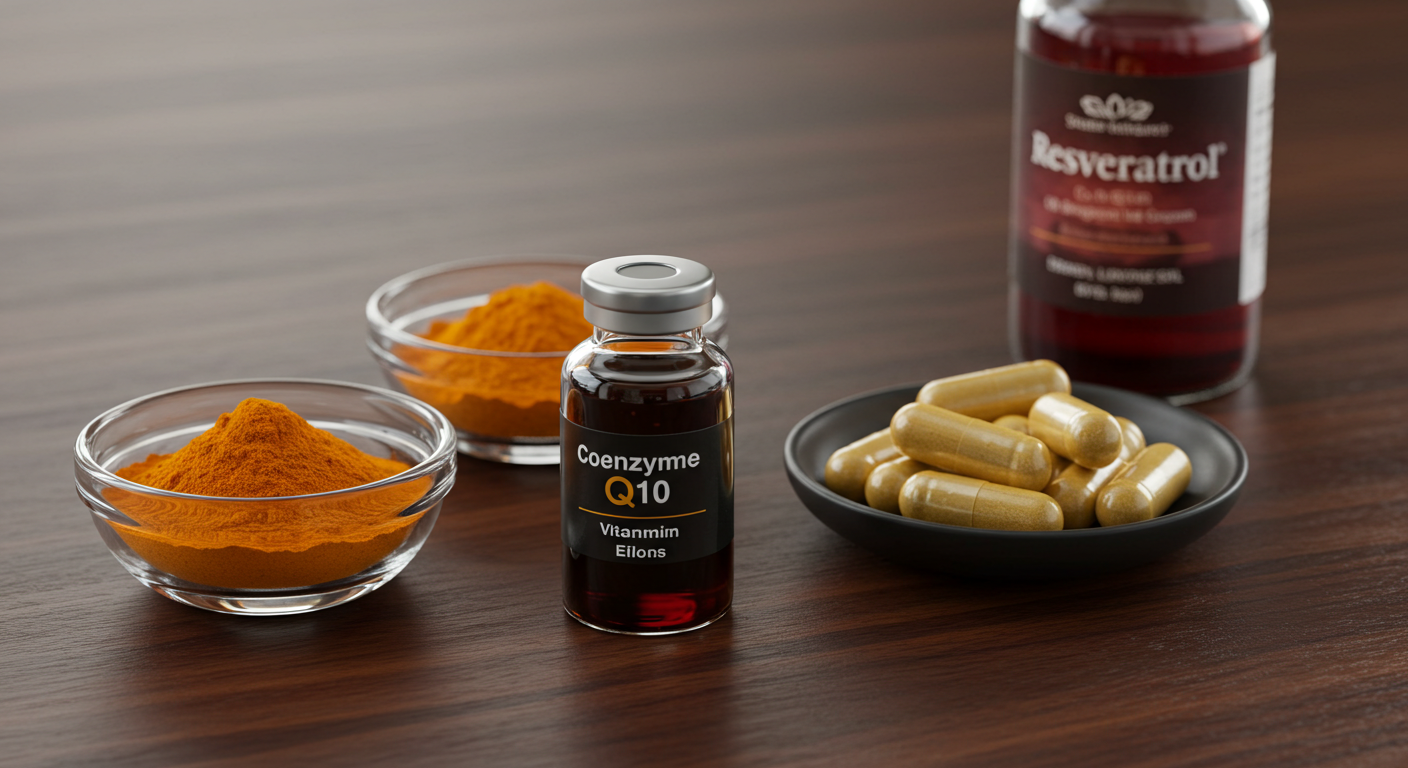 코엔자임 Q10,비타민 E,레스베라트롤,커큐민이 테이블 위에 올려있다