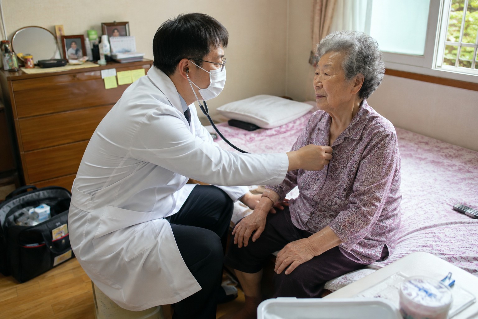 의사가 거동이 불편한 어르신의 가정을 방문해 청진기로 건강 상태를 확인하며 진료하는 전경