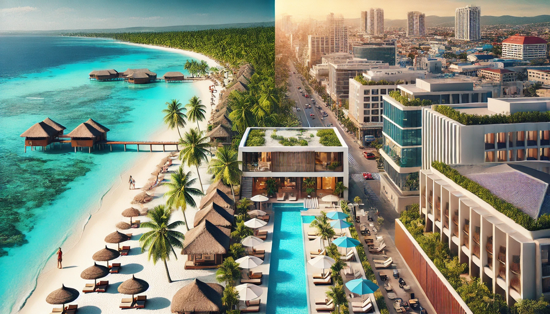 보홀의 아름다운 해변과 시내 호텔의 전경, 다양한 숙소 스타일을 보여주는 이미지