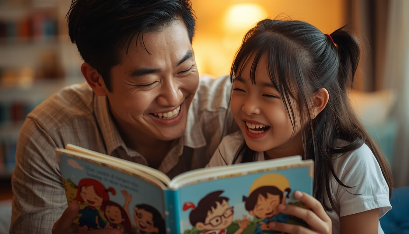 아빠와 함께 영어 책의 장면을 연기하며 즐겁게 웃는 초등학생 딸