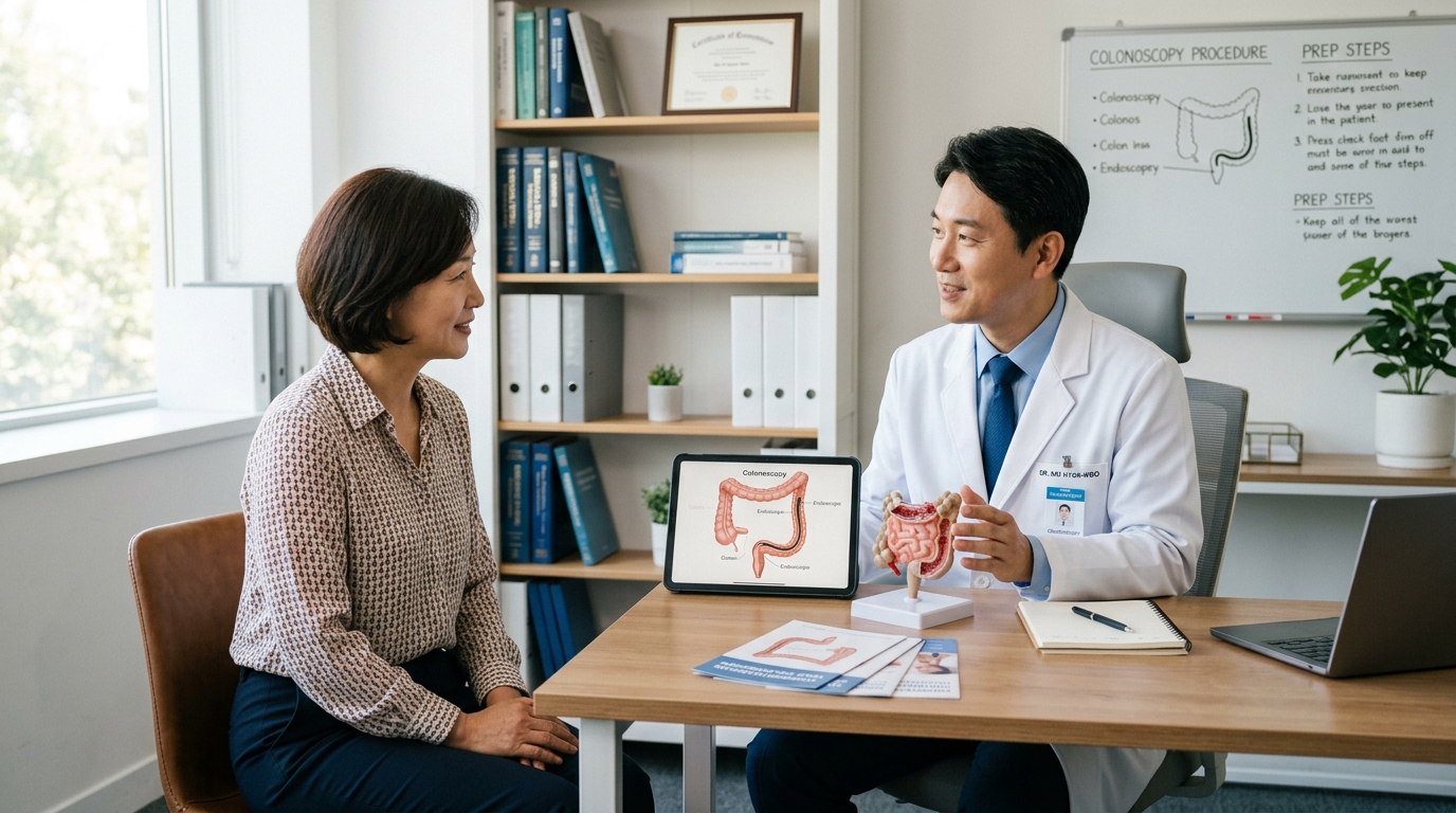대장암 검진의 중요성을 설명하는 한국인 전문의