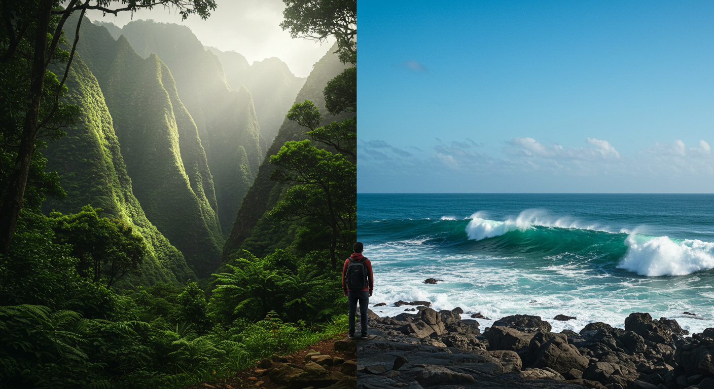 번아웃으로 지친 남성이 푸른 숲과 파도치는 바다 사이에서 건강한 휴가를 고민하는 모습