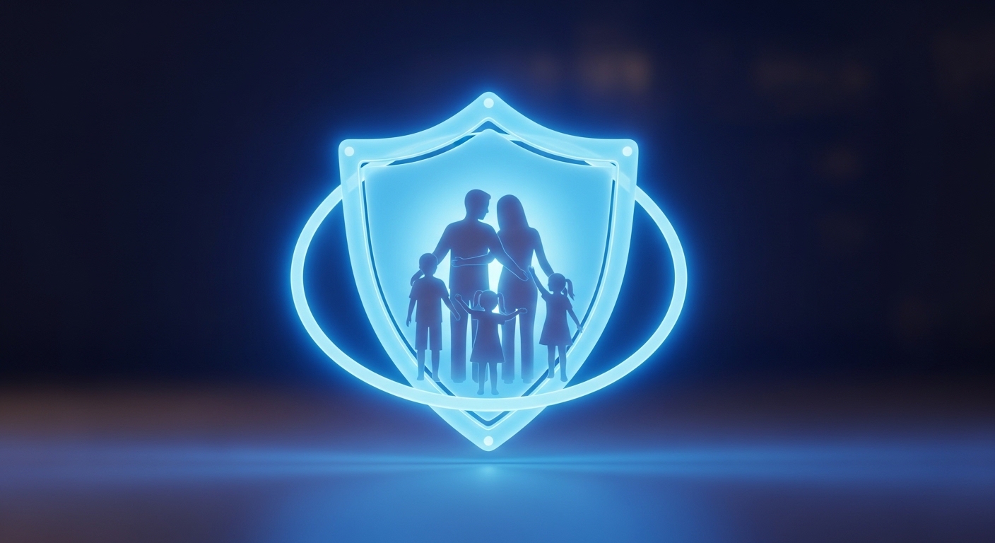A glowing blue shield protective icon encircling a happy family silhouette, representing financial security and safety nets. Cinematic lighting, 3D render.