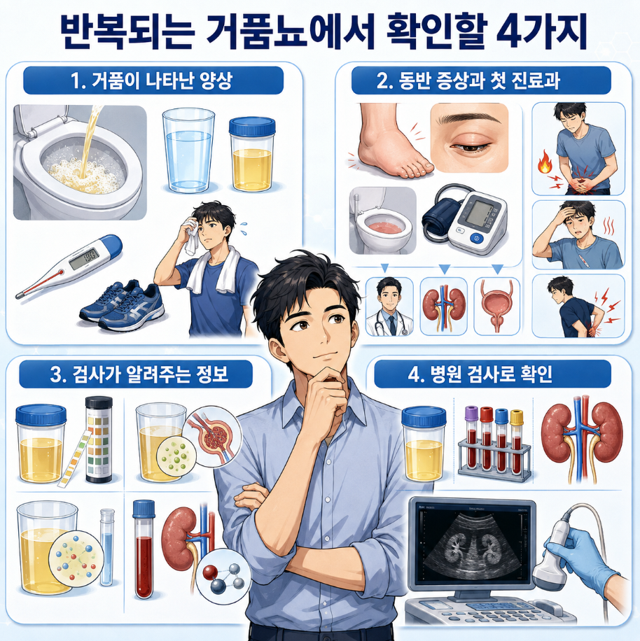 반복되는 거품뇨에서 거품 양상·동반 증상·첫 진료과·소변검사·신장기능검사를 정리한 핵심 이미지