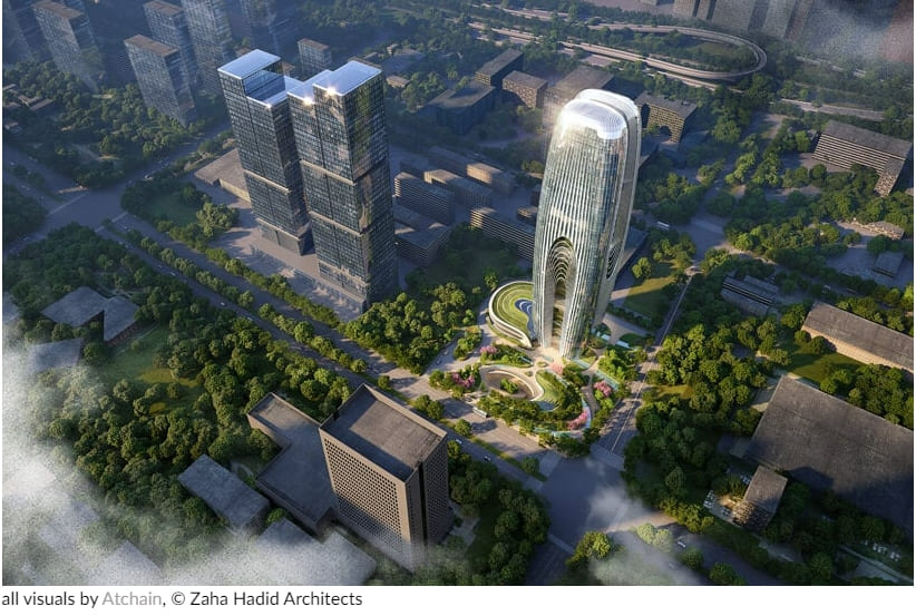 중국 시안의 자하 하디드 닥시아 타워 Zaha hadid's daxia tower in xi'an emerges as a cascade of planted interior terraces