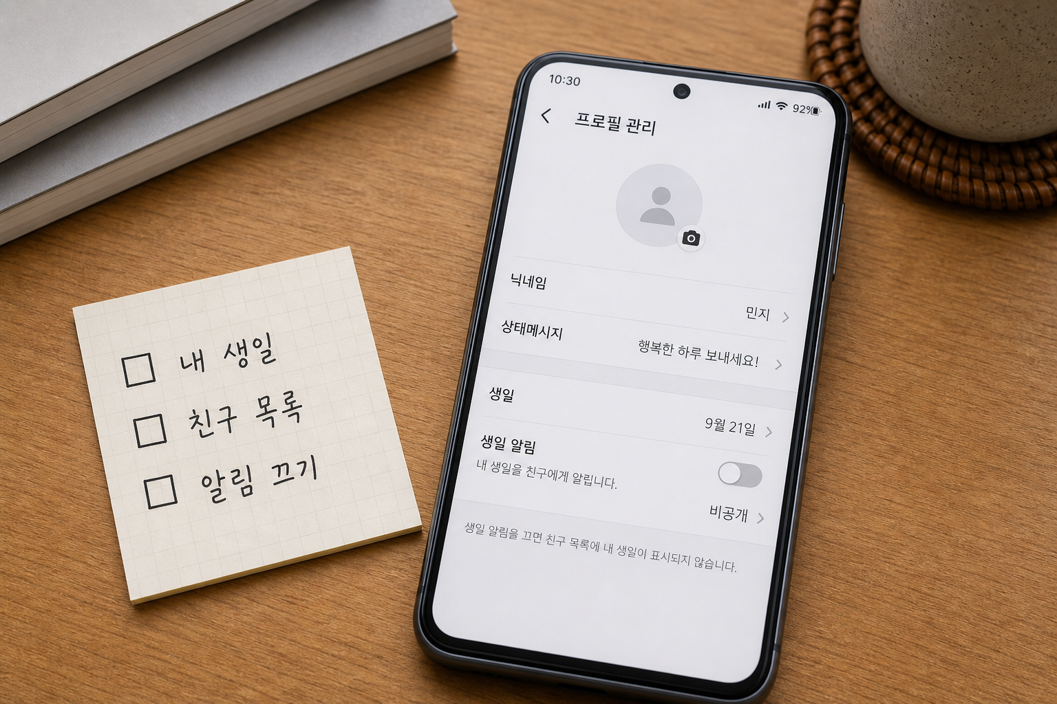 카카오톡 생일 비공개 설정을 위해 프로필 관리 화면에서 생일 알림을 끄는 스마트폰 장면