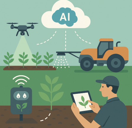자동 비료 분사기를 표현한 인포그래픽. 토양 센서와 드론이 데이터를 수집하고, 클라우드 AI가 이를 분석해 자동 분사기가 최적의 양을 작물에 살포하는 과정을 시각화한 이미지.