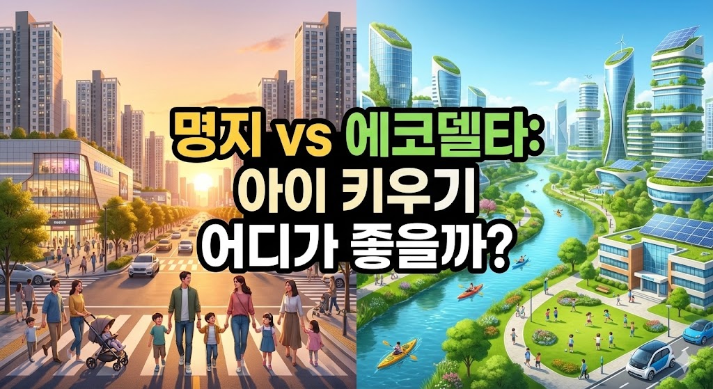 명지국제신도시와 에코델타시티의 전경을 비교한 썸네일 이미지, 아이 키우기 좋은 곳 비교