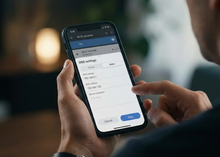 스마트폰 설정 화면에서 프라이빗 DNS 공급자 호스트 이름을 입력하는 과정