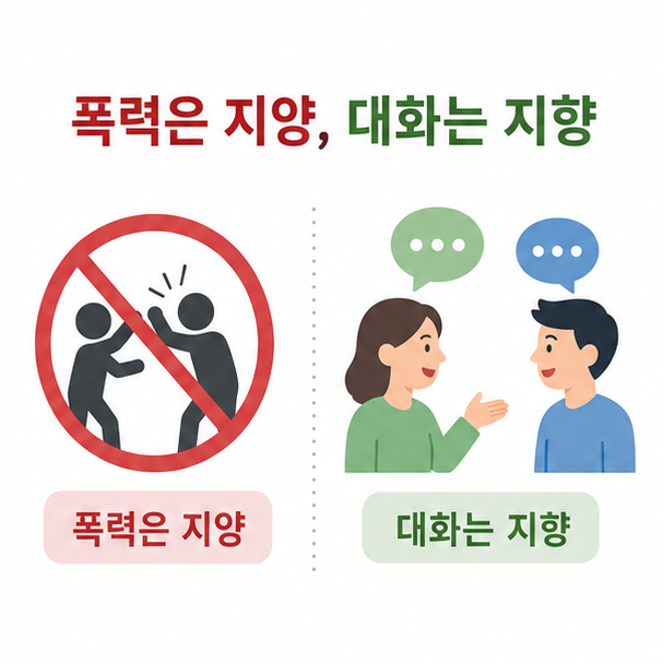 &lsquo;폭력은 지양, 대화는 지향&rsquo; 예문으로 두 단어의 사용법을 비교한 이미지