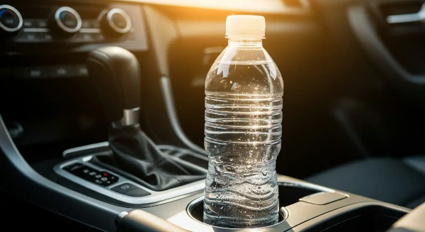 자동차 내부에 생수병이 있는데, 직사광선에 노출되어 있는 모습