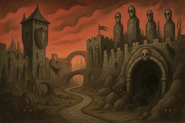 팀 버튼풍 스타일의 붉은 하늘 아래 음산한 조각상과 해골 문이 있는 고성 입구 일러스트