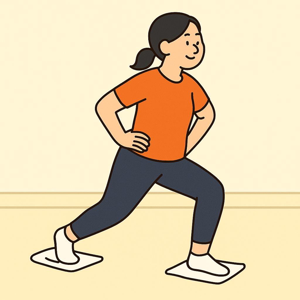 거실에서 양 발밑에 타월을 깔고 미끄러지는 운동을 하는 모습 만화체그림