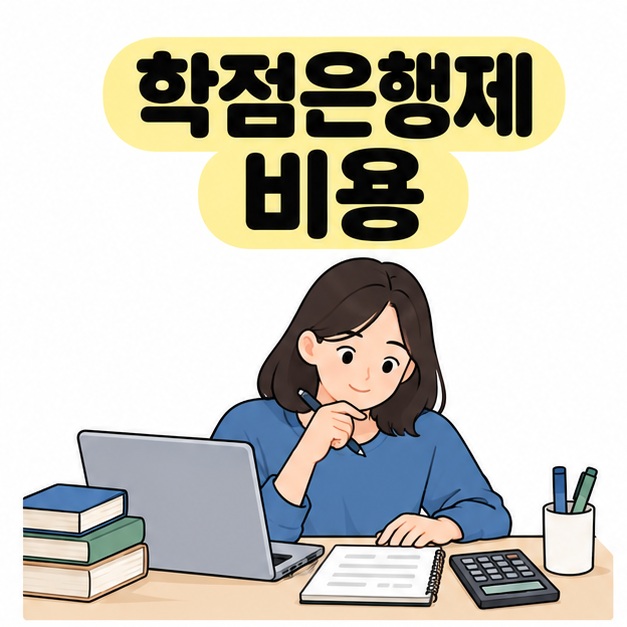 학점은행제 비용 제목 아래 여성이 노트북과 계산기 옆에서 학습 계획 노트를 살펴보는 모습