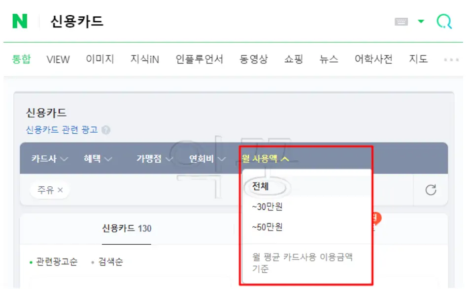 신용카드 월 사용액 확인하는 사진