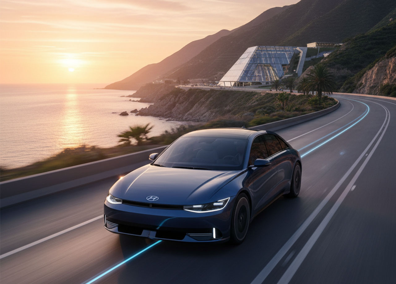 석양의 해안 도로를 주행하는 현대 아이오닉의 역동적인 모습