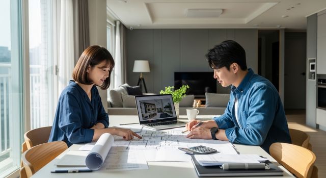 아파트 리모델링 자금 계획과 대출 상담을 준비하는 장면
