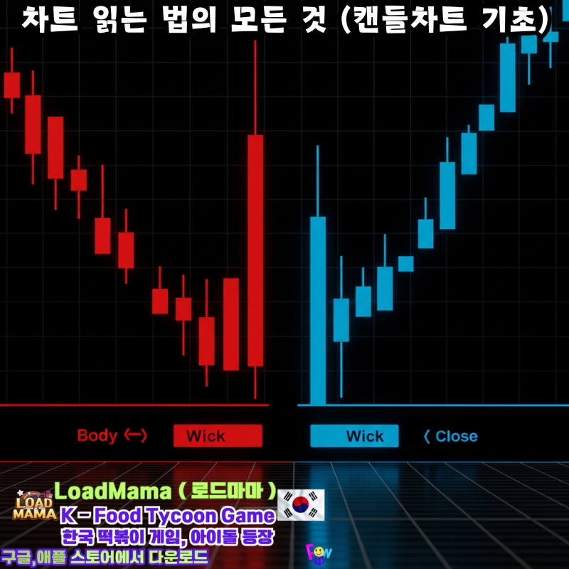 빨간색 상승 캔들과 파란색 하락 캔들의 화면에 표시