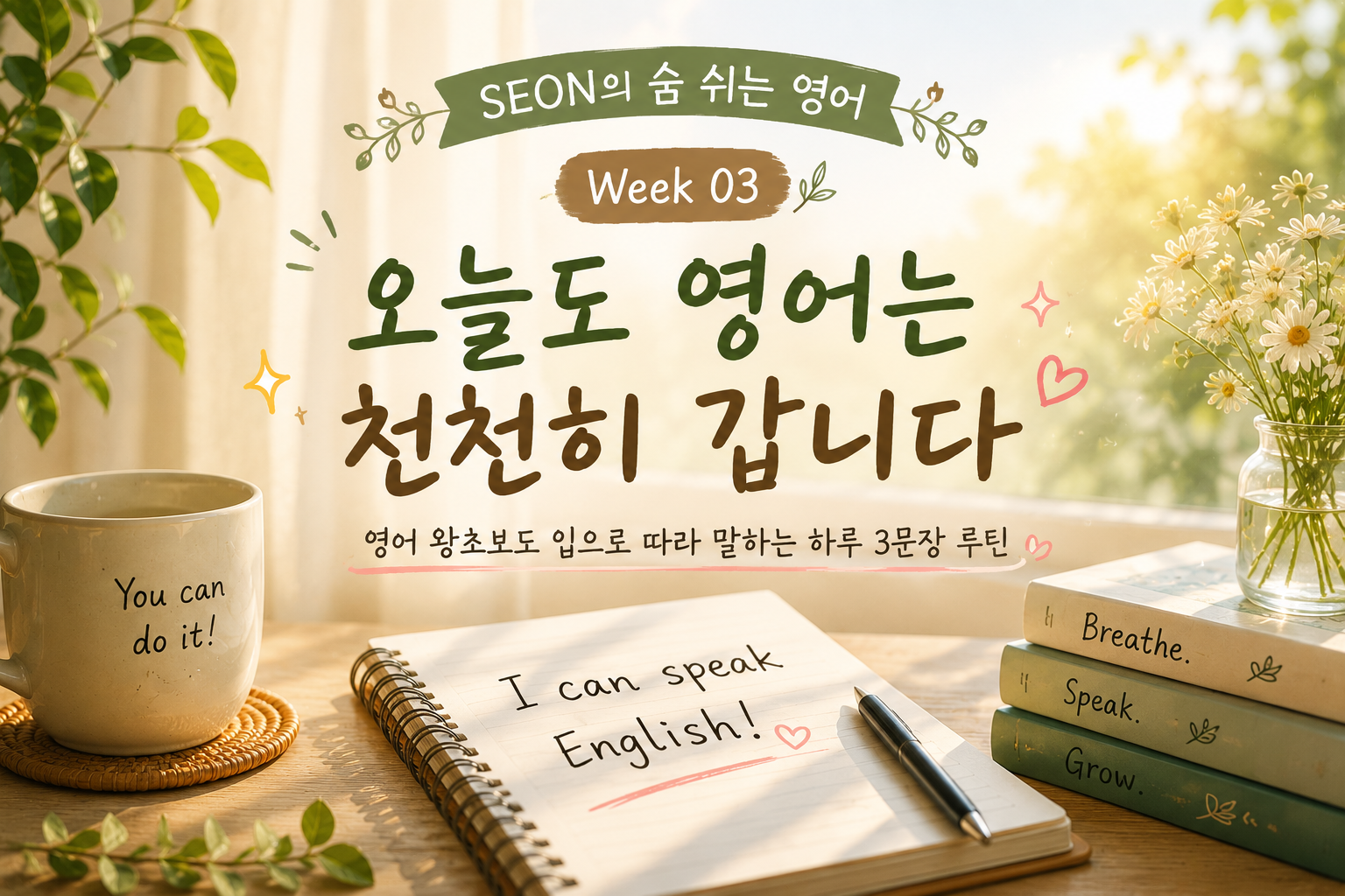 따뜻한 햇살이 비치는 창가 책상 위에 영어 노트와 커피잔, 꽃병이 놓여 있고 “오늘도 영어는 천천히 갑니다”라는 문구가 담긴 감성 영어 공부 썸네일 이미지