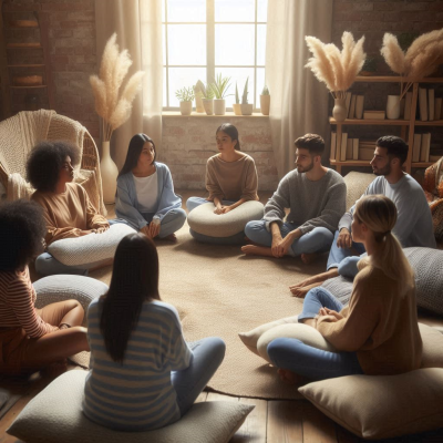 사람들이 편안하게 앉아 대화하는 모습, 주변에 책과 쿠션이 가득하다.