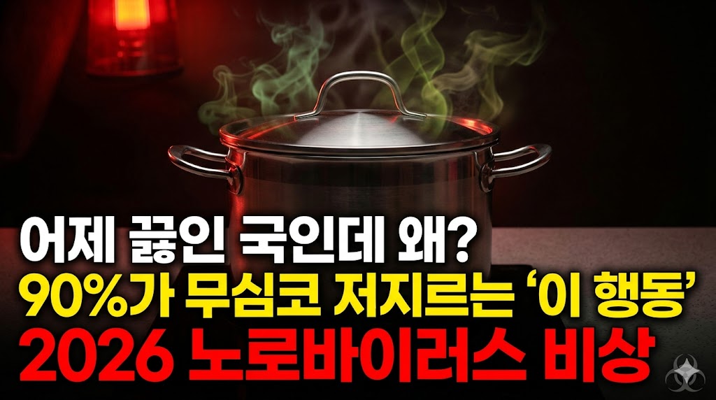 어두운 주방 배경에 붉은색 경고등이 비추는 가운데, 실온에 방치된 국 냄비에서 녹색과 황색의 미생물 증식 연기가 피어오르는 dramatic한 썸네일 이미지. "어제 끓인 국인데 왜?" 및 "2026 노로바이러스 비상"이라는 굵고 긴급한 텍스트가 삽입되어 있다.