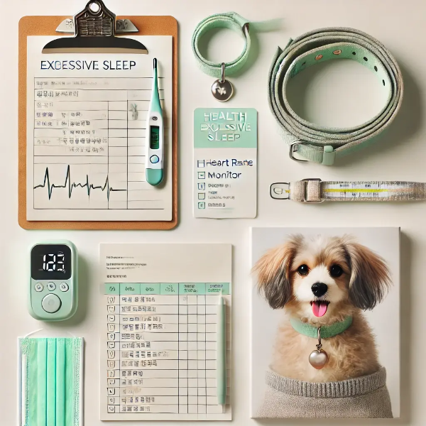 하얀 배경 위에 반려견 수면 건강 체크용 체온계, 건강 노트, 심박 측정기, 체크리스트 카드가 정돈된 스튜디오컷 이미지 (텍스트 없음)