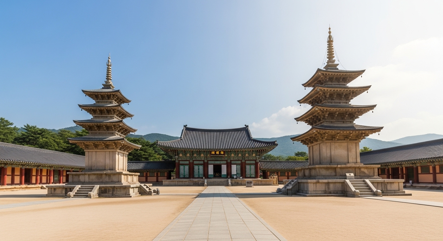 불국사 대웅전 앞마당, 화려한 다보탑과 단정한 석가탑이 천년의 세월을 마주한 채 서 있는 웅장하고 조화로운 풍경.