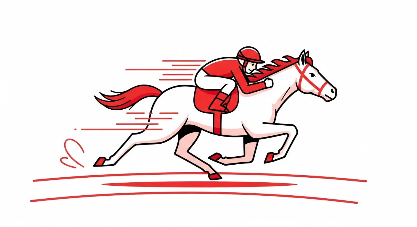 트랙 위를 전력 질주하며 목표를 향해 에너지를 쏟아붓는 역동적인 말 캐릭터 일러스트