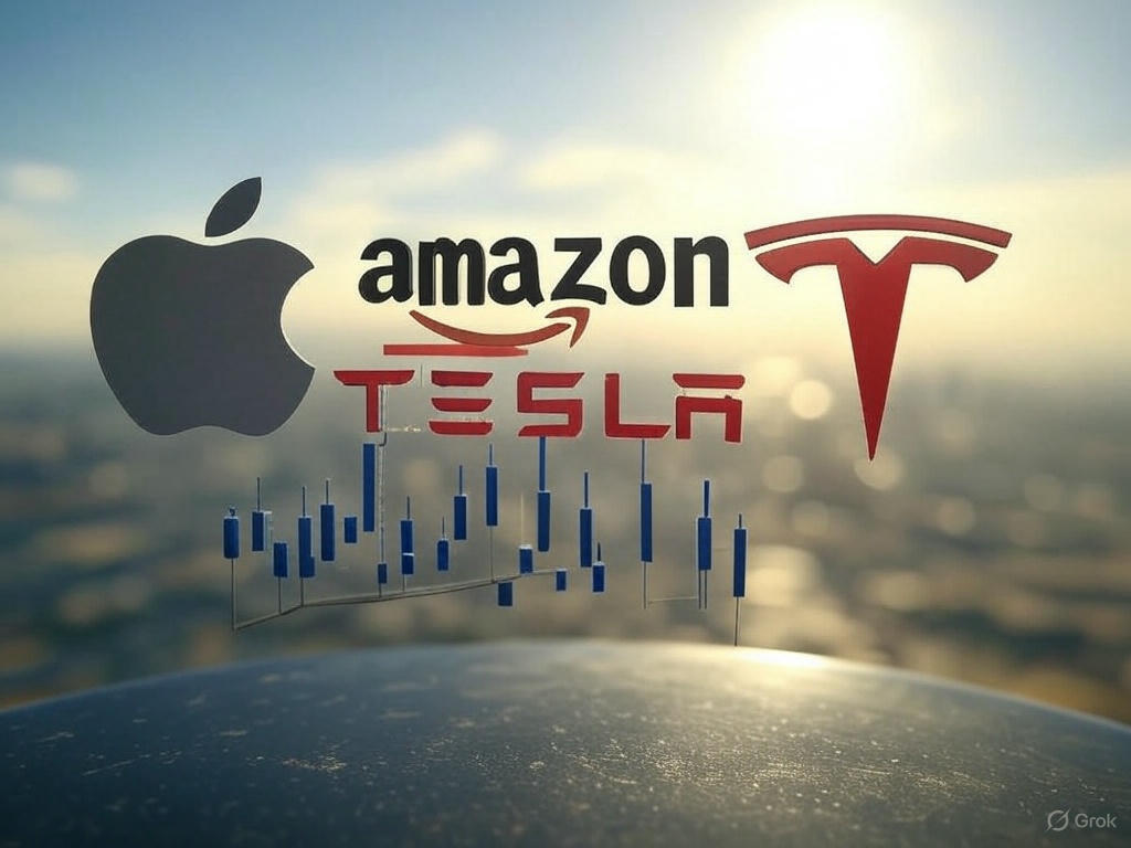 애플, 아마존, 테슬라 로고와 주가 상승(차트)을 상징하는 요소, 미국 국기 배경 포함한 이미지