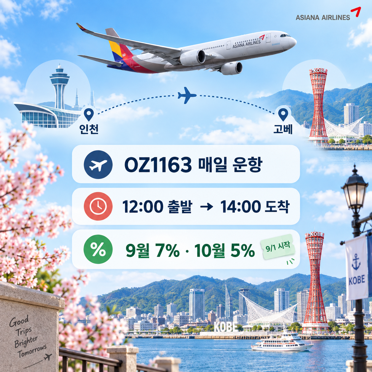 아시아나 OZ1163 인천 12시 출발 고베 14시 도착 매일 운항 일정 이미지