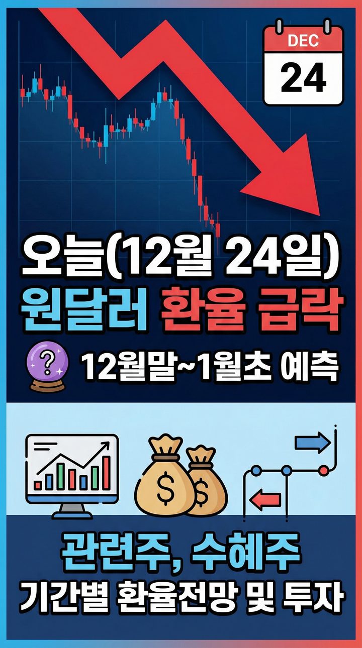 오늘(12월 24일) 원달러 환율 급락이유, 12월말~1월초 예측, 관련주, 수혜주, 기간별 환율전망 및 투자