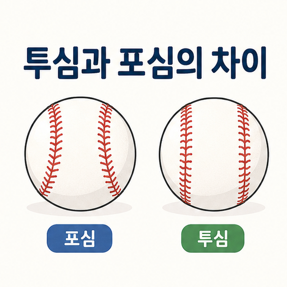 야구공 두 개와 서로 다른 실밥 형태로 투심과 포심의 차이를 보여주는 이미지