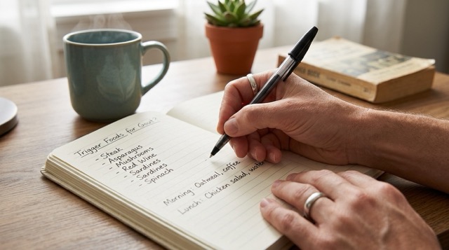 식사일지에 통풍 유발 음식을 기록하는 손