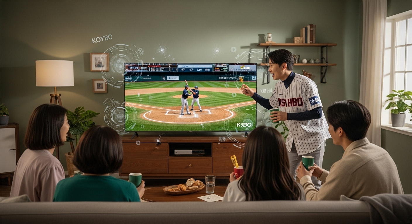 KBO 경기 시청을 함께 즐기는 팬들의 모습과 새로운 중계권 변화를 암시하는 장면