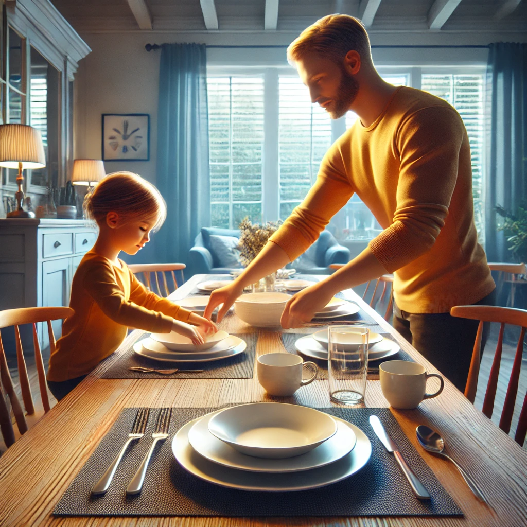 식탁을 함께 준비하는 부모와 아이