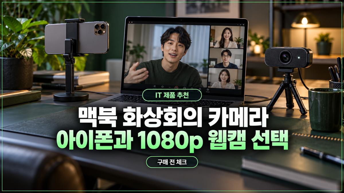 맥북 화상회의 책상에서 아이폰 연속성 카메라와 1080p 웹캠을 비교하는 대표 이미지