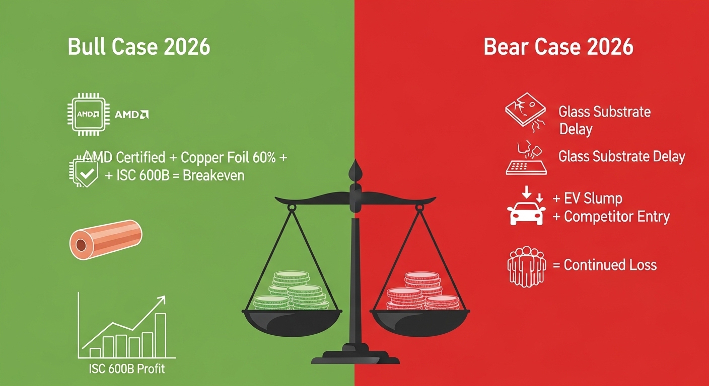 Split screen scenario infographic. Left green Bull Case 2026 AMD certified + copper foil 60% + ISC 600B profit = breakeven. Right red Bear Case 2026 glass substrate delay + EV slump + competitor entry = continued loss. Center scale balance. English only.