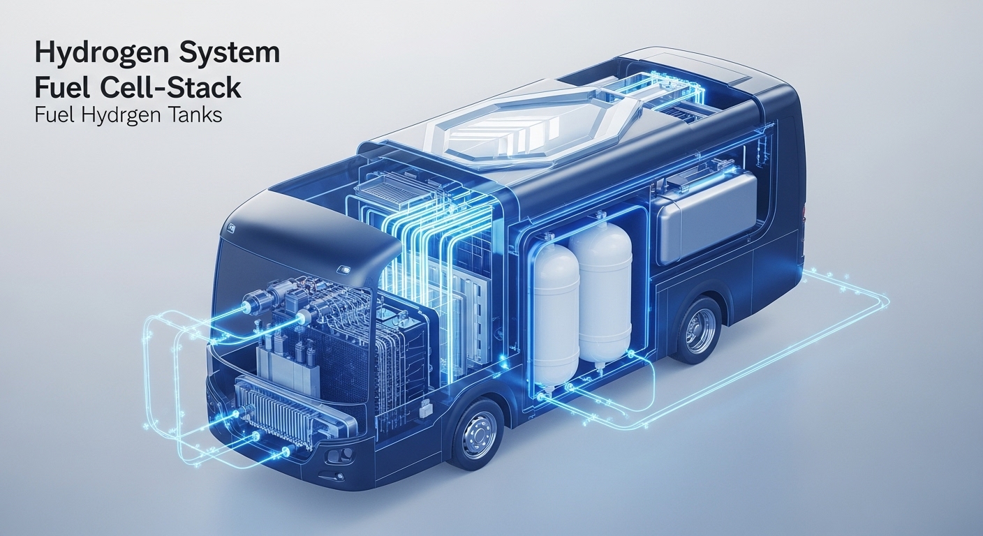 현대차 수소연료전지버스의 핵심 기술인 연료전지 스택과 수소 탱크 내부 구조를 보여주는 상세한 기술 다이어그램.