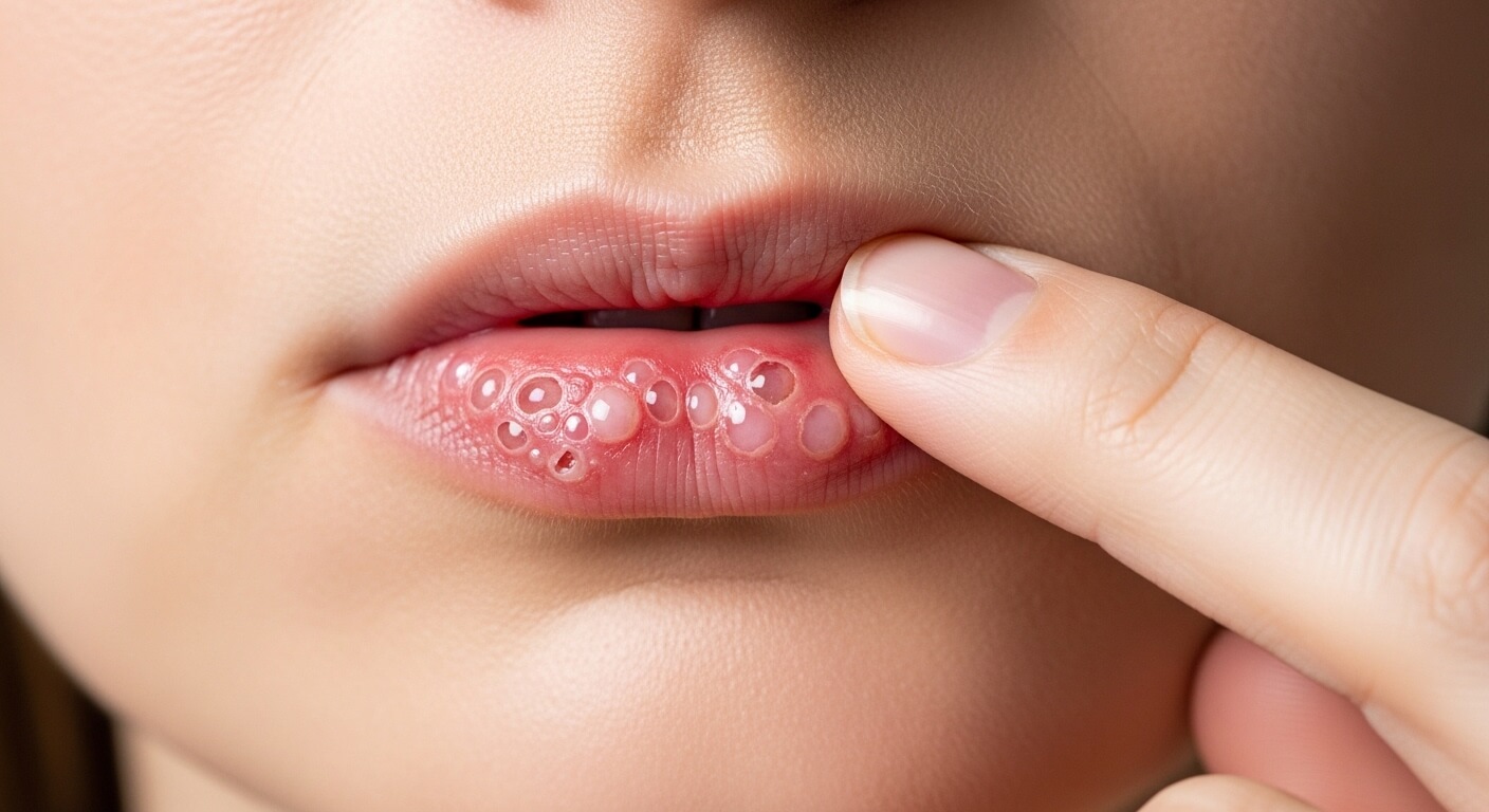 아랫입술 주변에 작은 물집이 모여 있는 헤르페스 증상을 보여주는 클로즈업 이미지, 손가락으로 입술을 살짝 만지는 모습