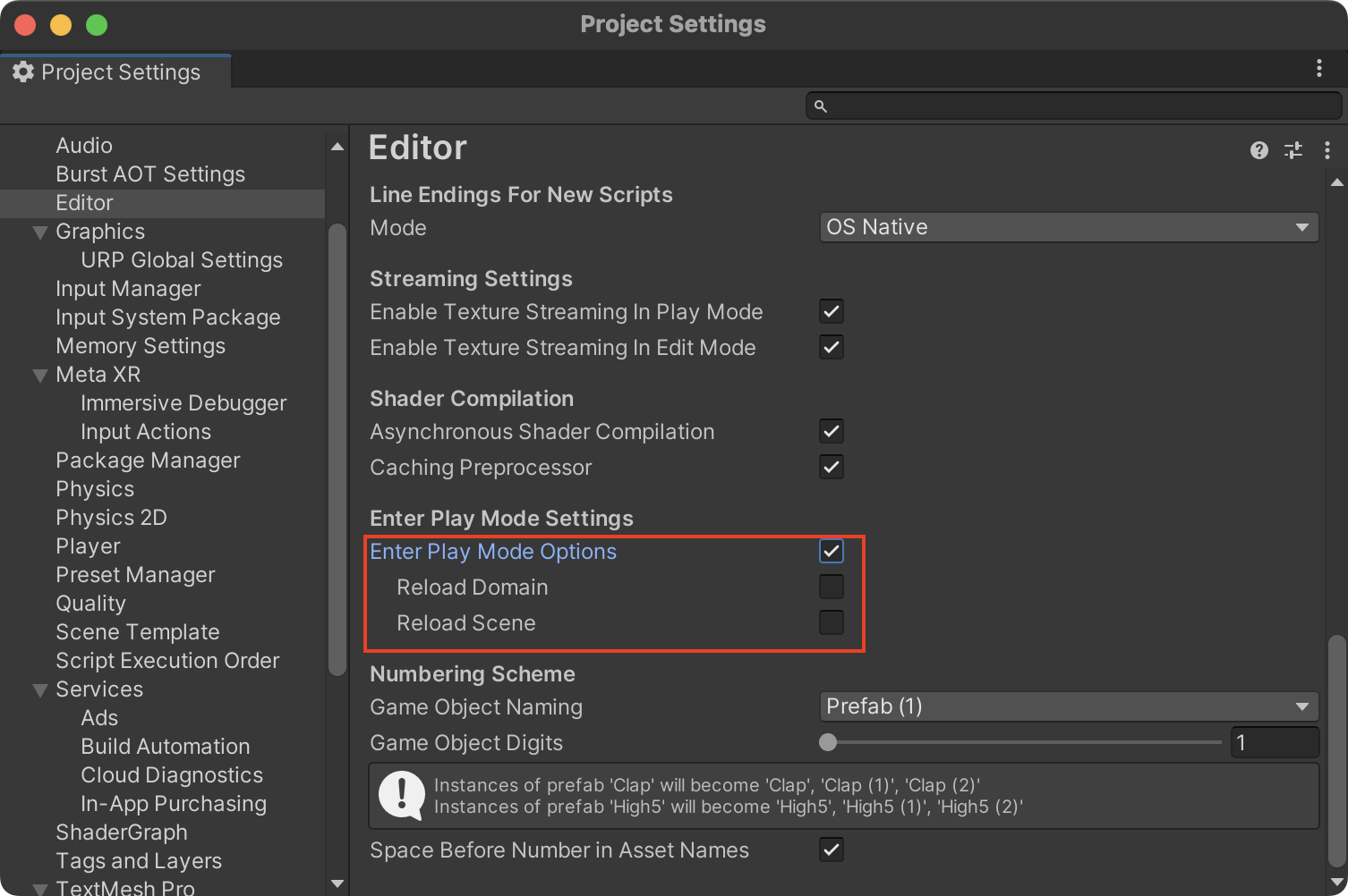 Unity 2023 이하 버전의 Enter Play Mode Settings