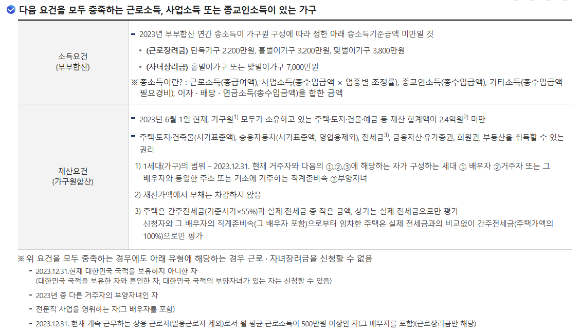 근로장려금 소득요건, 재산요건