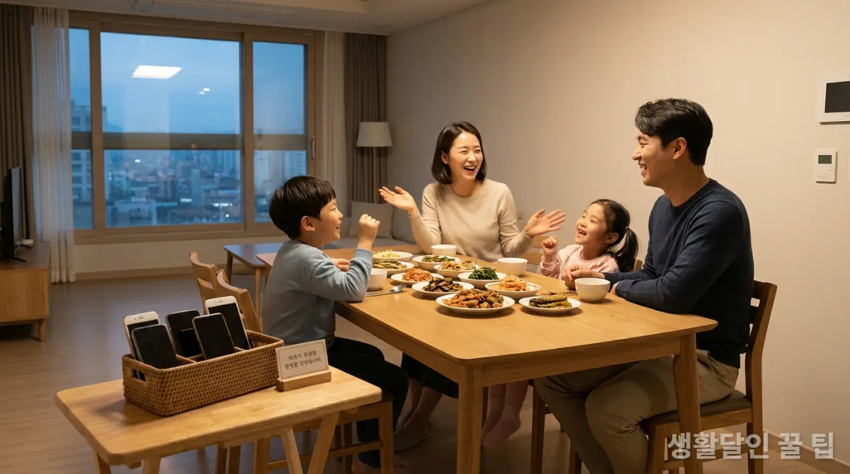 식사 중 스마트폰을 사용하지 않고 대화하는 한국인 가족