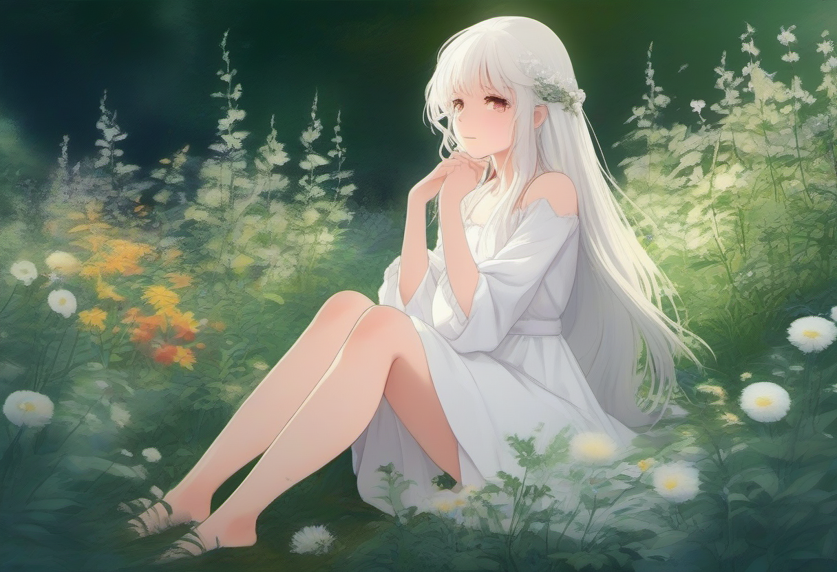 girl with long white hair sitting in a field of green plants and flowers, her hand under her chin - SDXL