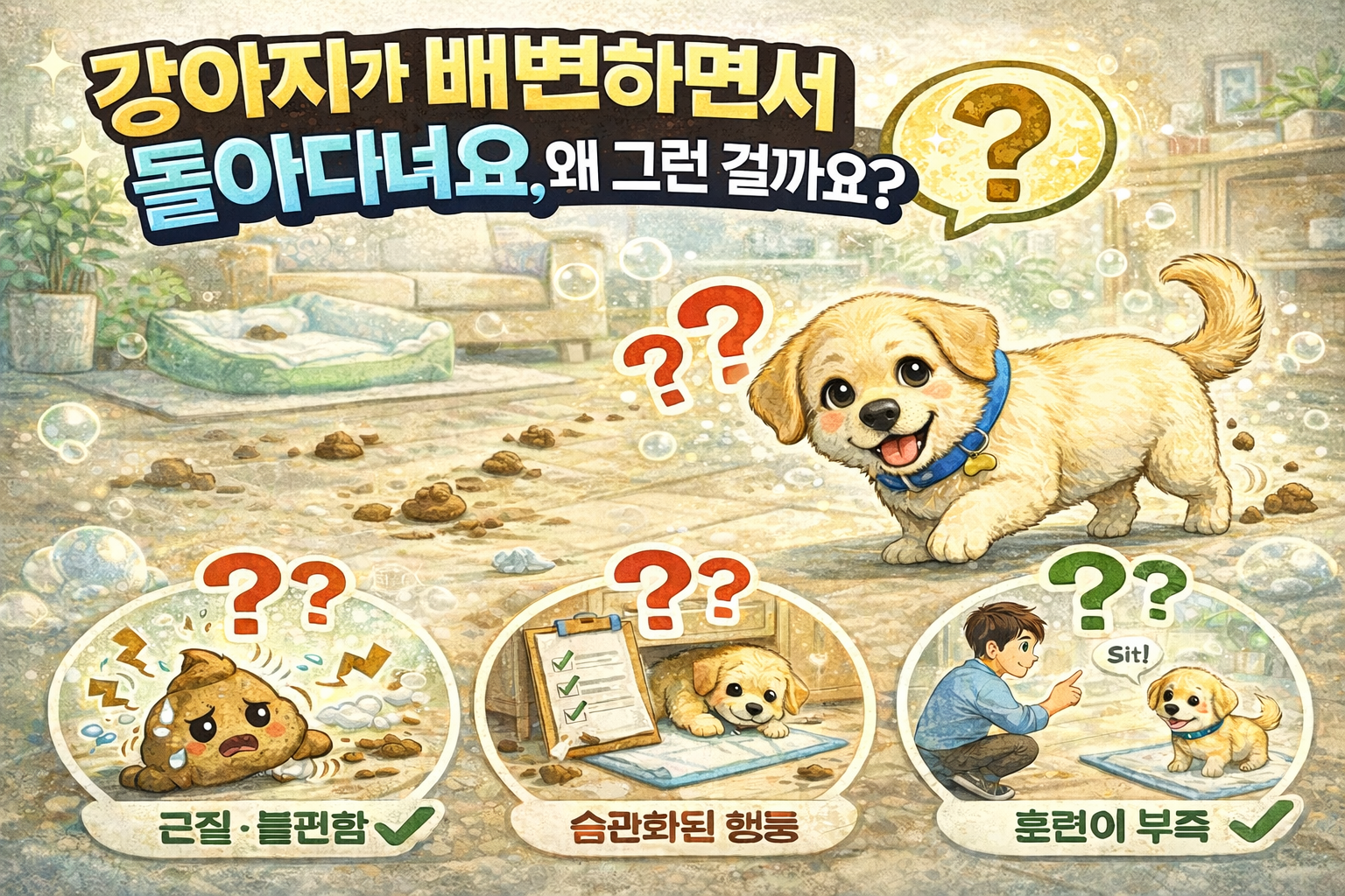 강아지가 배변하면서 돌아다녀요, 왜 그런 걸까요?