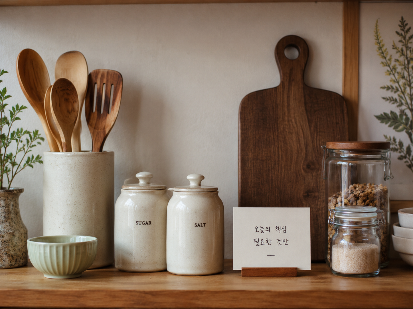 주방 선반 위에 '오늘의 핵심 필요한 것만'이라고 적힌 작은 메모 카드가 놓여 있고, 그 옆으로 슈가·솔트 도자기 용기와 깔끔한 나무 도마, 유리병들이 정갈하게 정리되어 있는 따뜻하고 평온한 주방 풍경