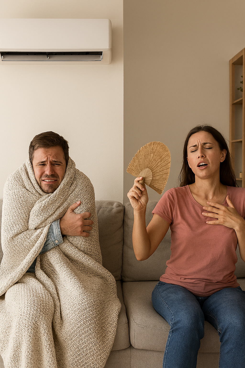 에어컨 아래서 추워하는 사람과 방구석에서 더워하는 사람의 대조적인 모습