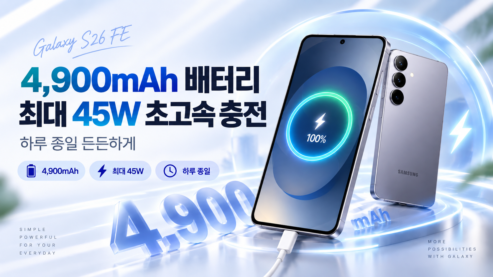 갤럭시 S26 FE 4900mAh 배터리와 최대 45W 초고속 충전