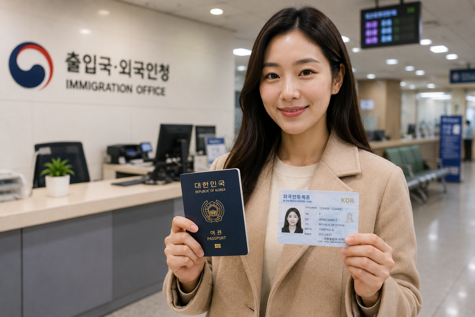 2026년 F5 영주권 신청 절차를 진행하는 외국인이 출입국외국인청에서 여권과 외국인등록증을 확인하는 장면으로, 영주권 취득 준비 과정을 나타냅니다.