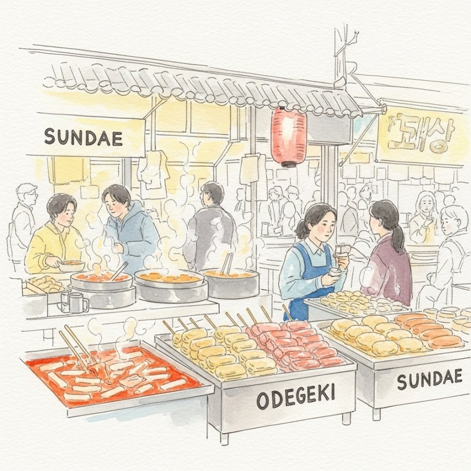 김이 모락모락 나는 다양한 축제 음식이 가득한 거리